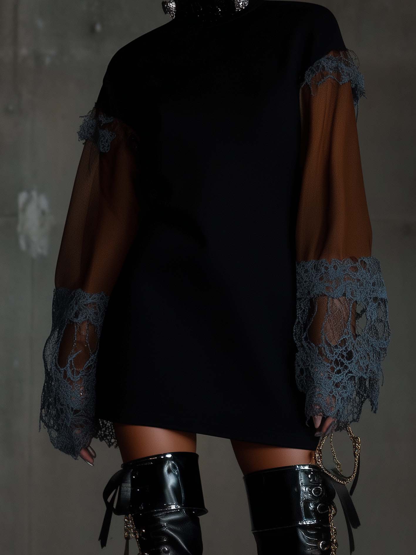 Black Faux Suede Mini Dress With Lace And Paneled Sleeves