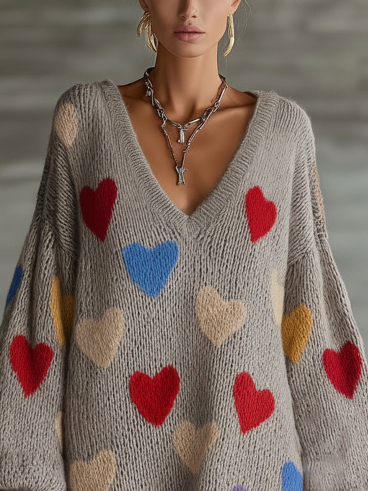 Gray Multicolor Heart Pattern Oversized V‑Neck Sweater Dress