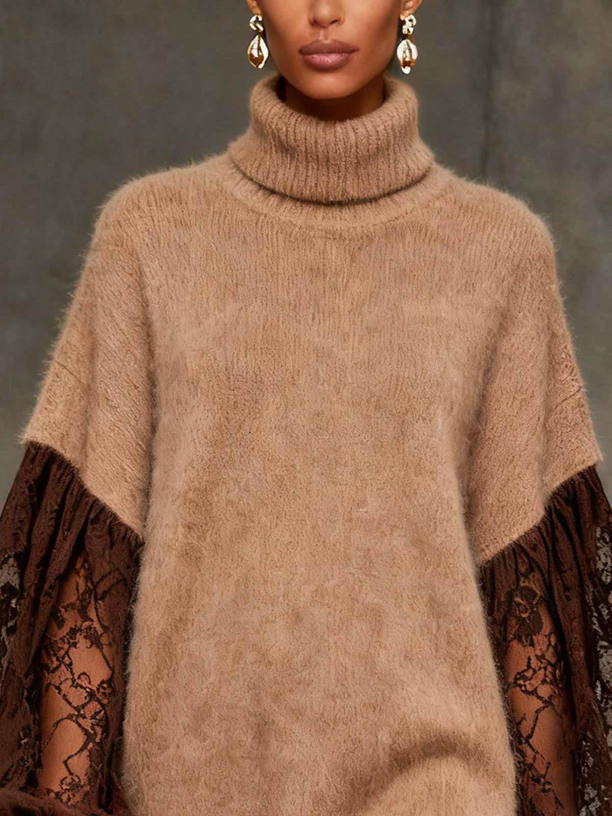 Camel Fuzzy Turtleneck Sweater Dress With Lace Sleeves