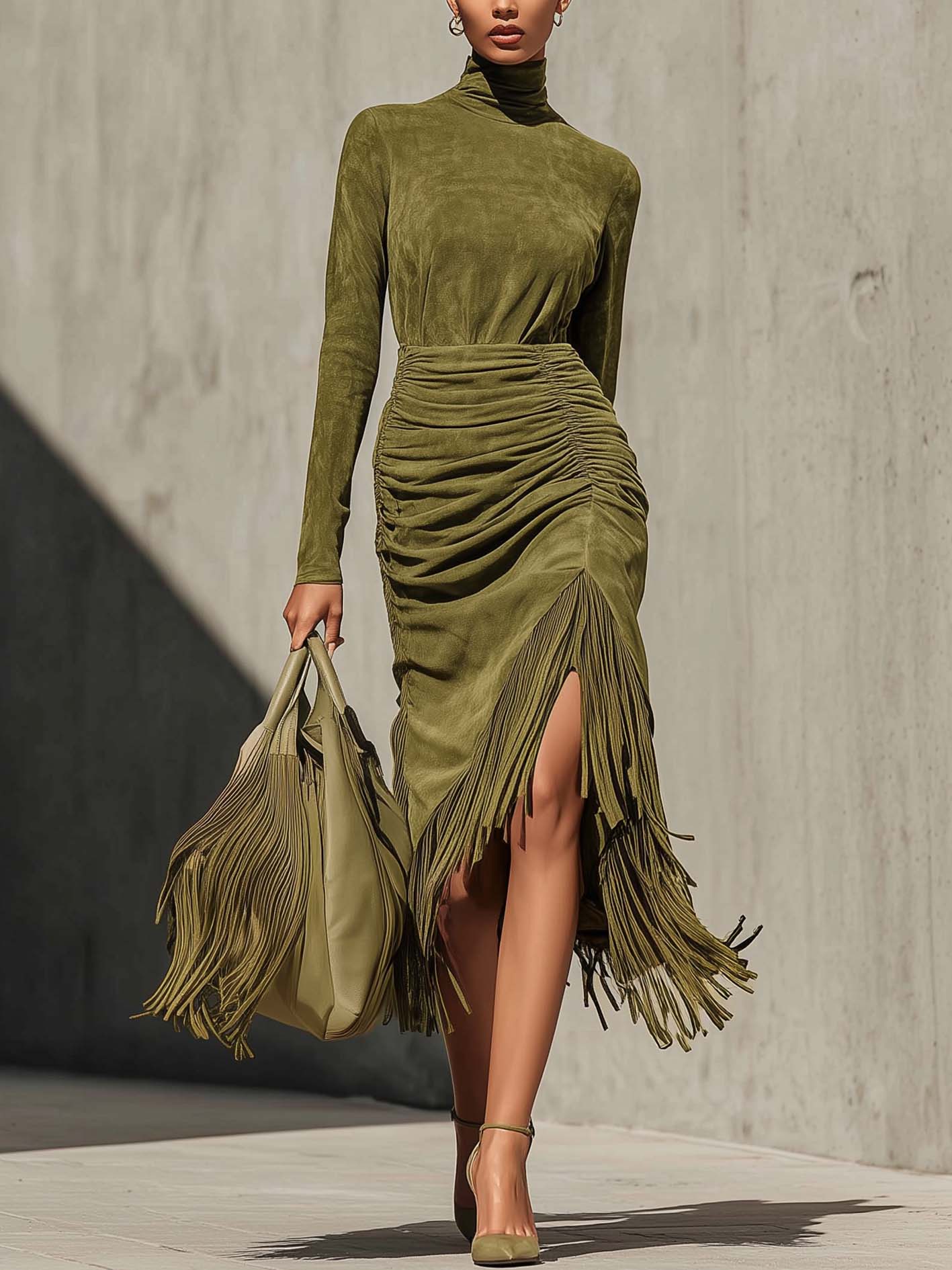 Olive Green Faux Suede Ruched Fringe Bodycon Dress
