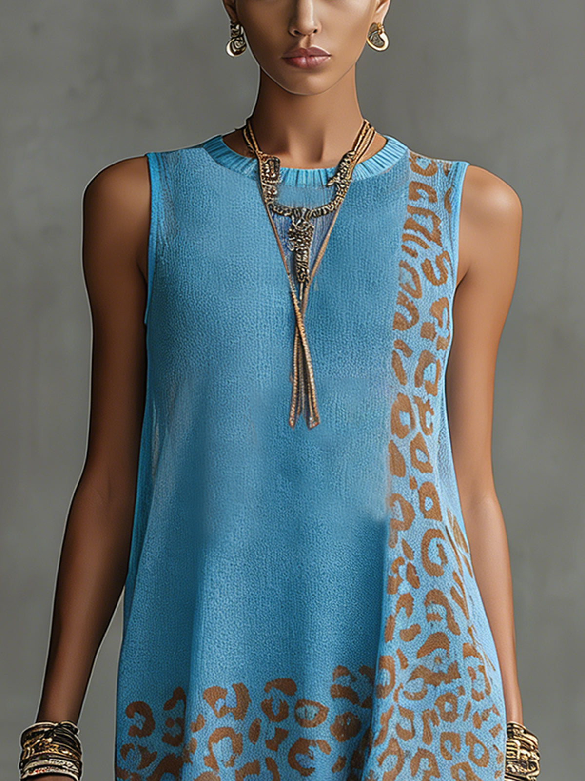 Blue Knit Fringe Mini Dress With Leopard Print Panels