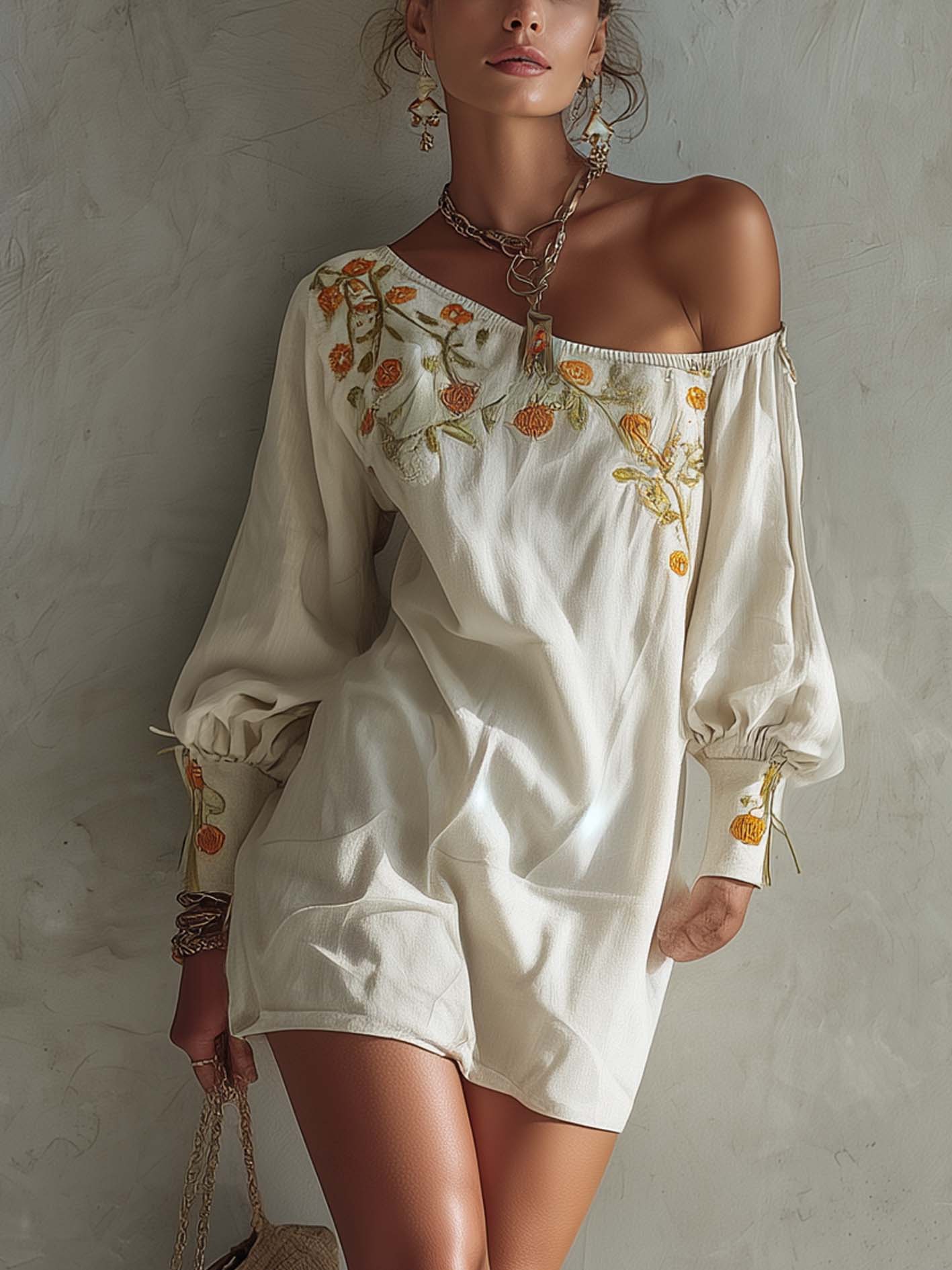 White One Shoulder Cotton Linen Mini Dress With Orange Floral Embroidery