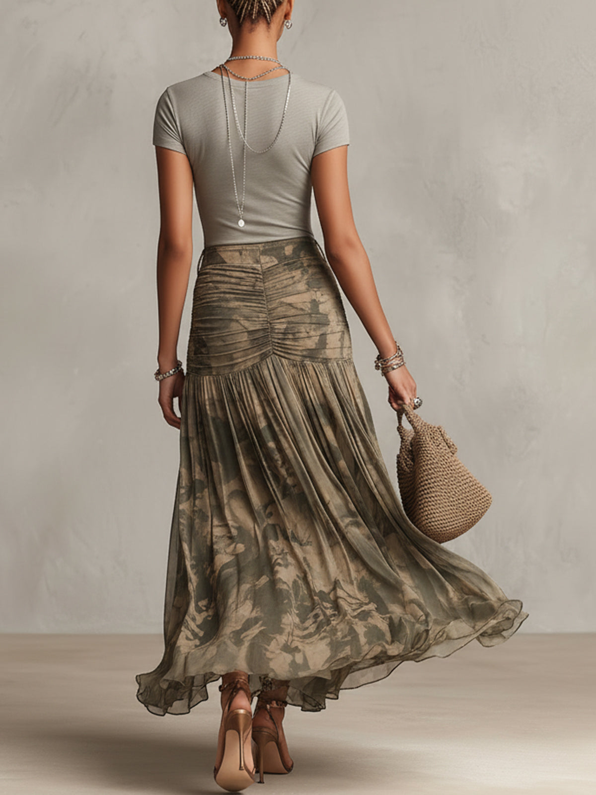 Gray T-shirt And Olive Tie-Dye Mesh Ruched Maxi Skirt