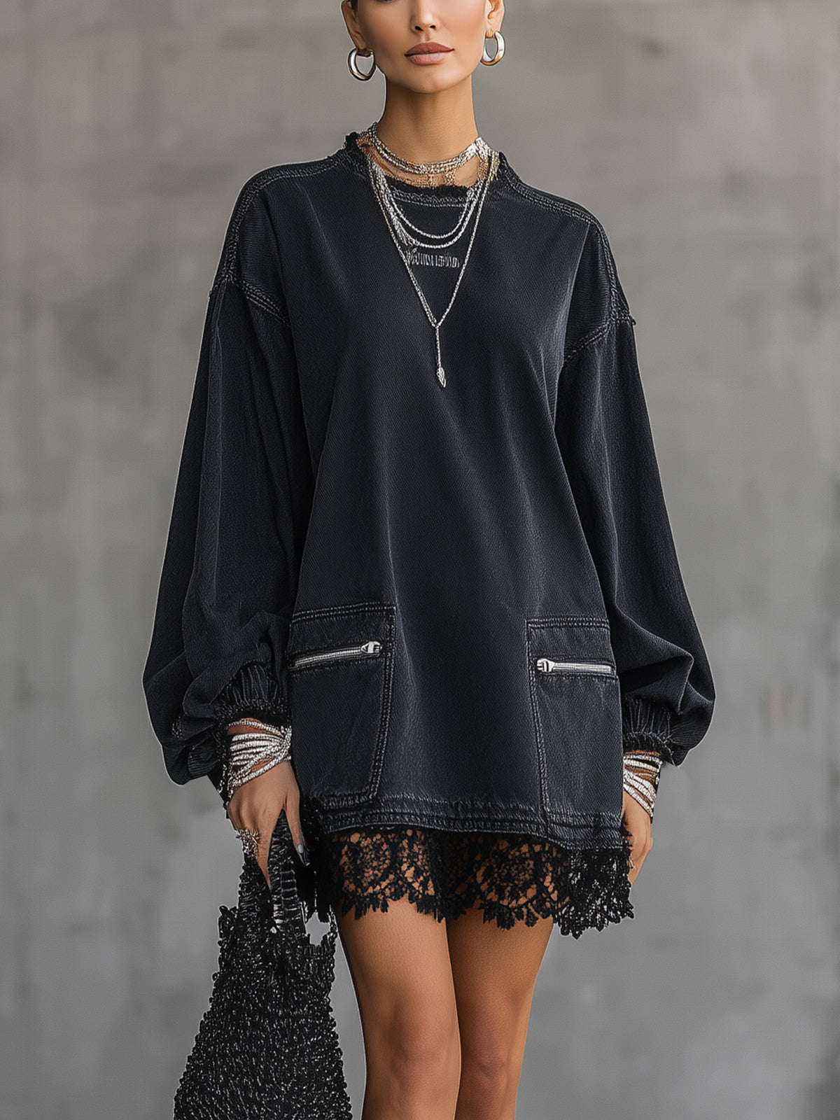 Black Lace Hem Long Sleeve Denim Mini Dress