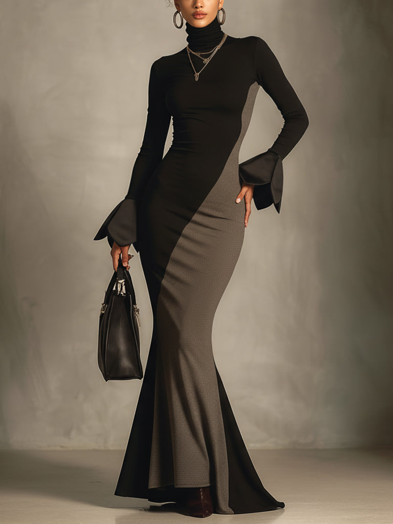 Black And Gray Color Blocked Stretch High Neck Petal Sleeve Mermaid Maxi Dress