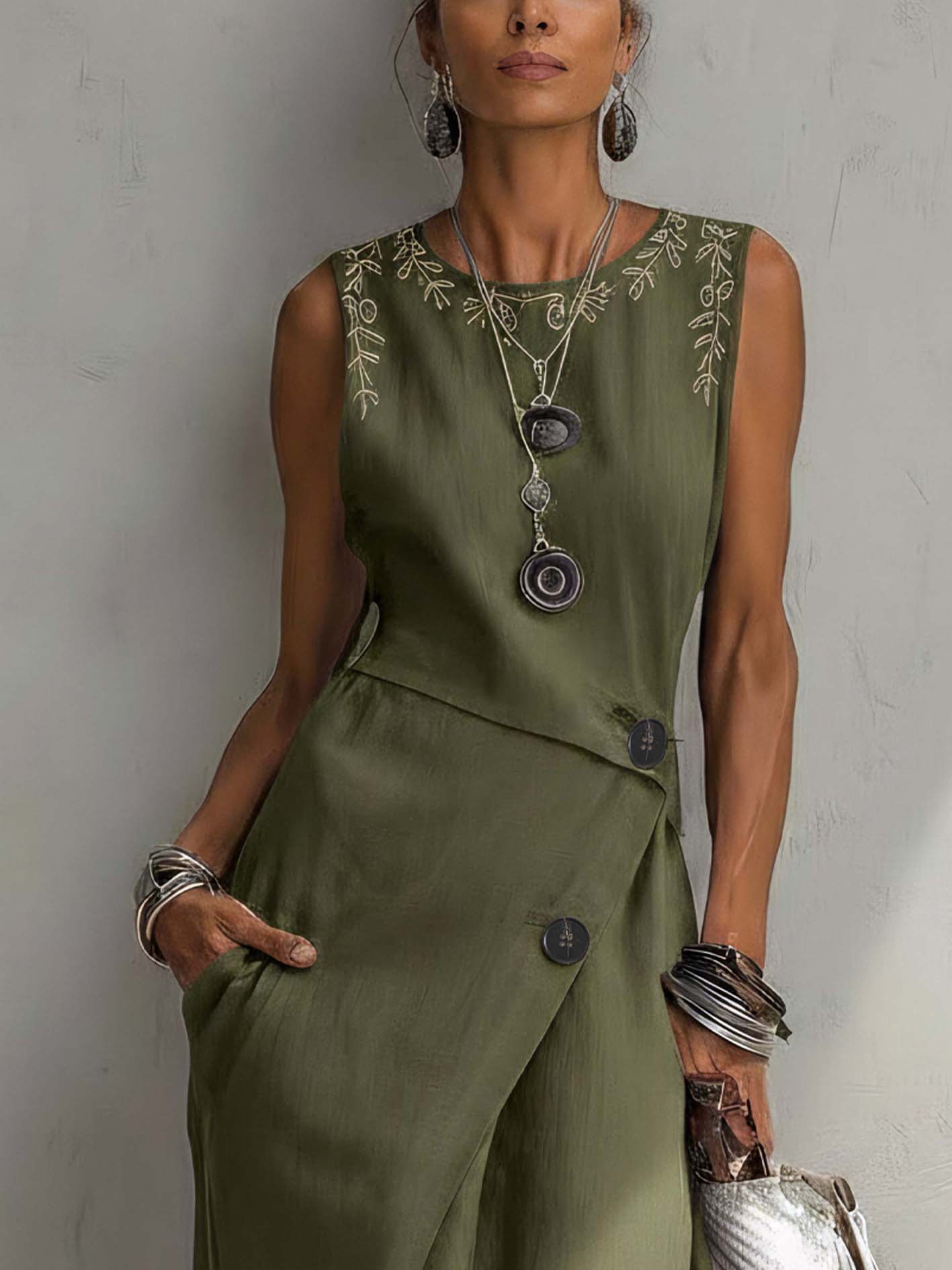 Green Cotton Linen Embroidered Wrap Maxi Dress