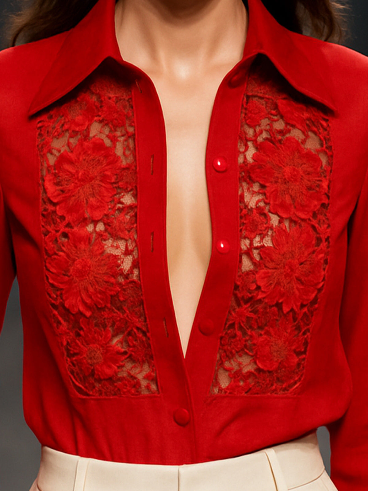 Bold Red Lace Panel Button Blouse