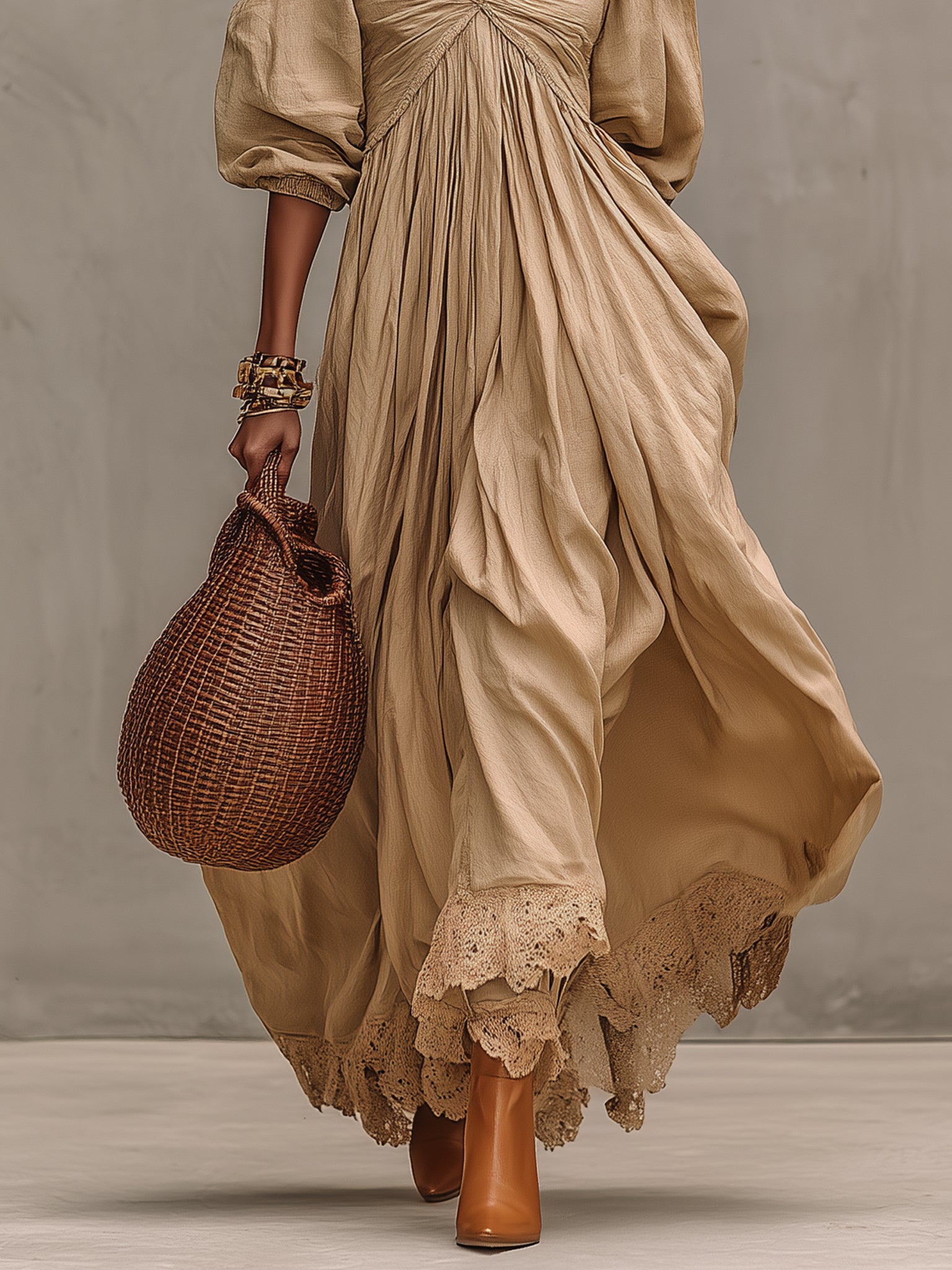 Light Coffee Linen Blend Maxi Dress With Lace Hem