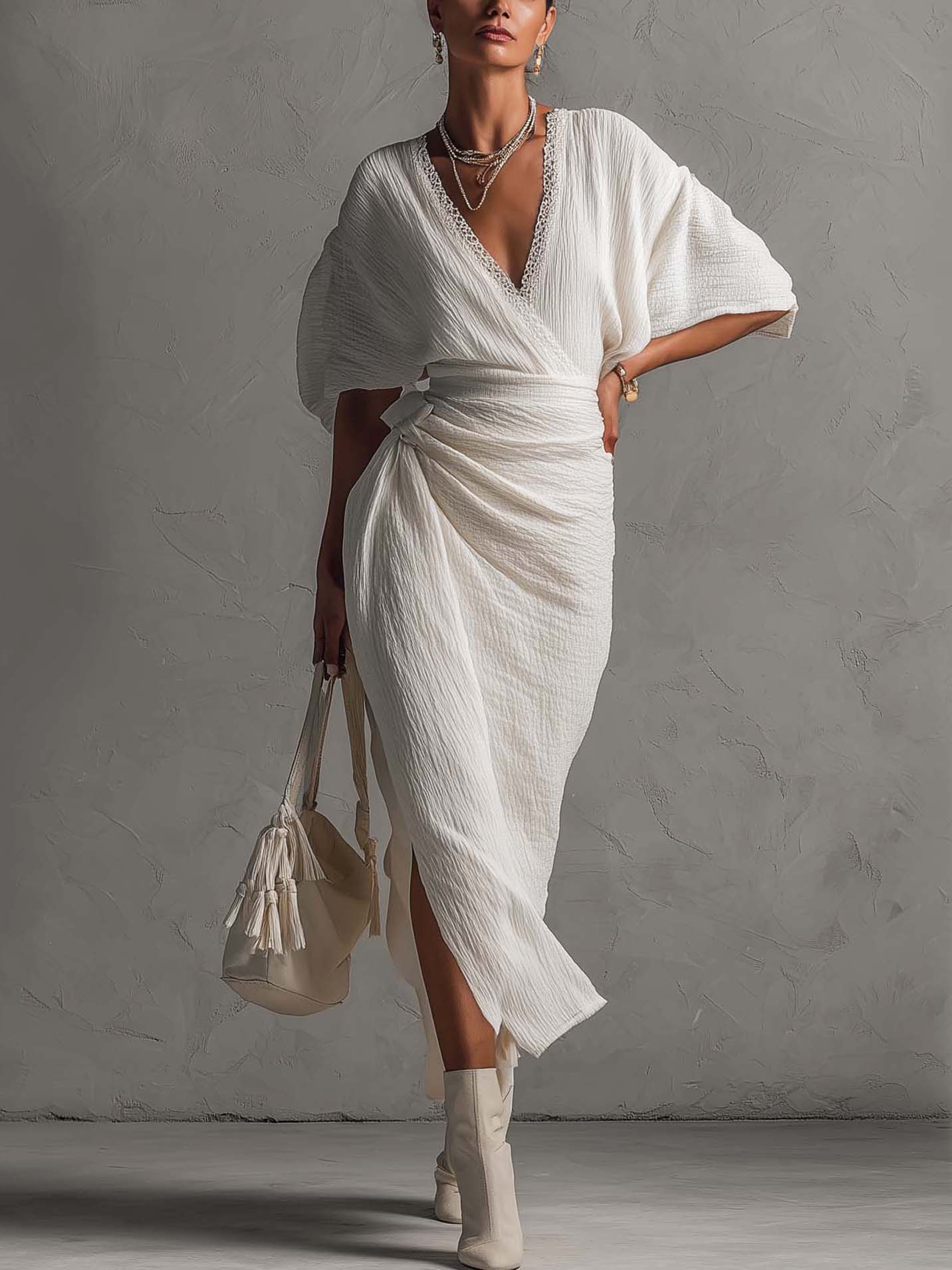 White Textured Cotton Linen Maxi Dress With Lace Trim