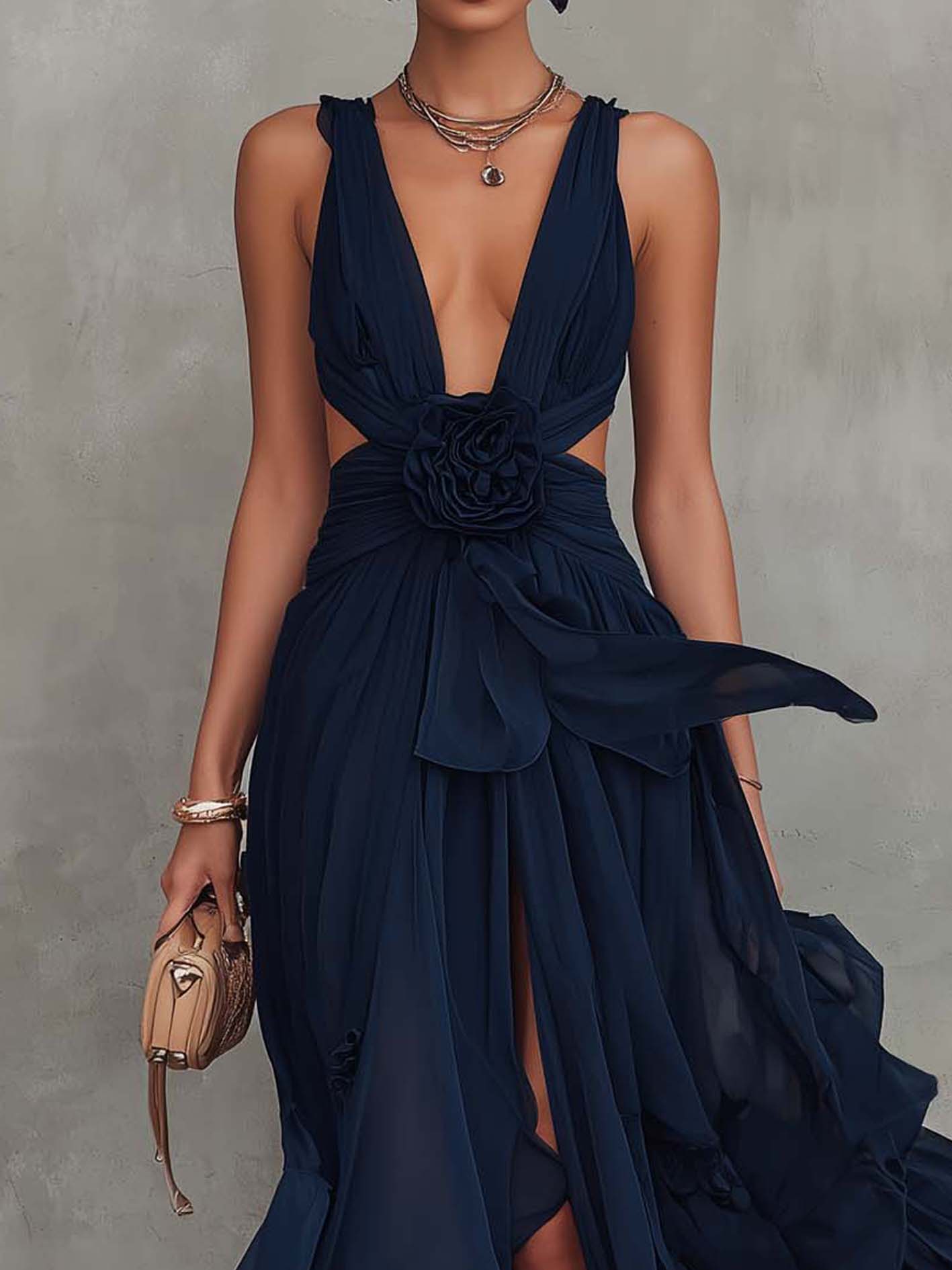 Navy Chiffon Cut-Out Waist 3D Floral Maxi Dress