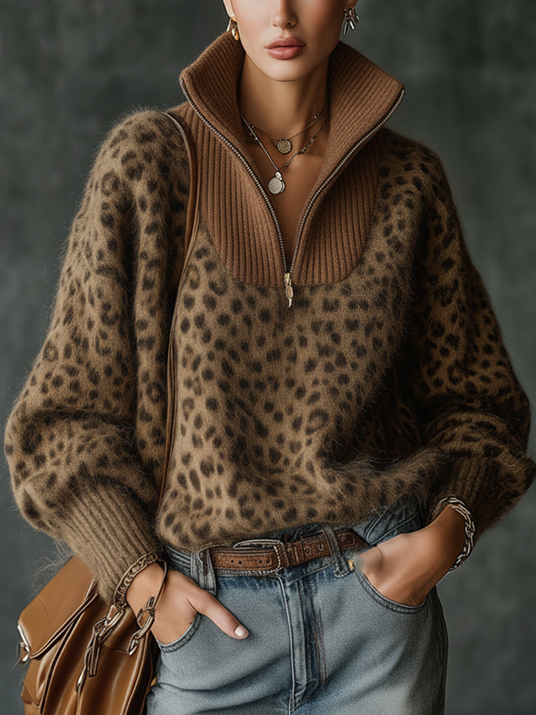 Brown Leopard Print Mohair Zip Neck Sweater