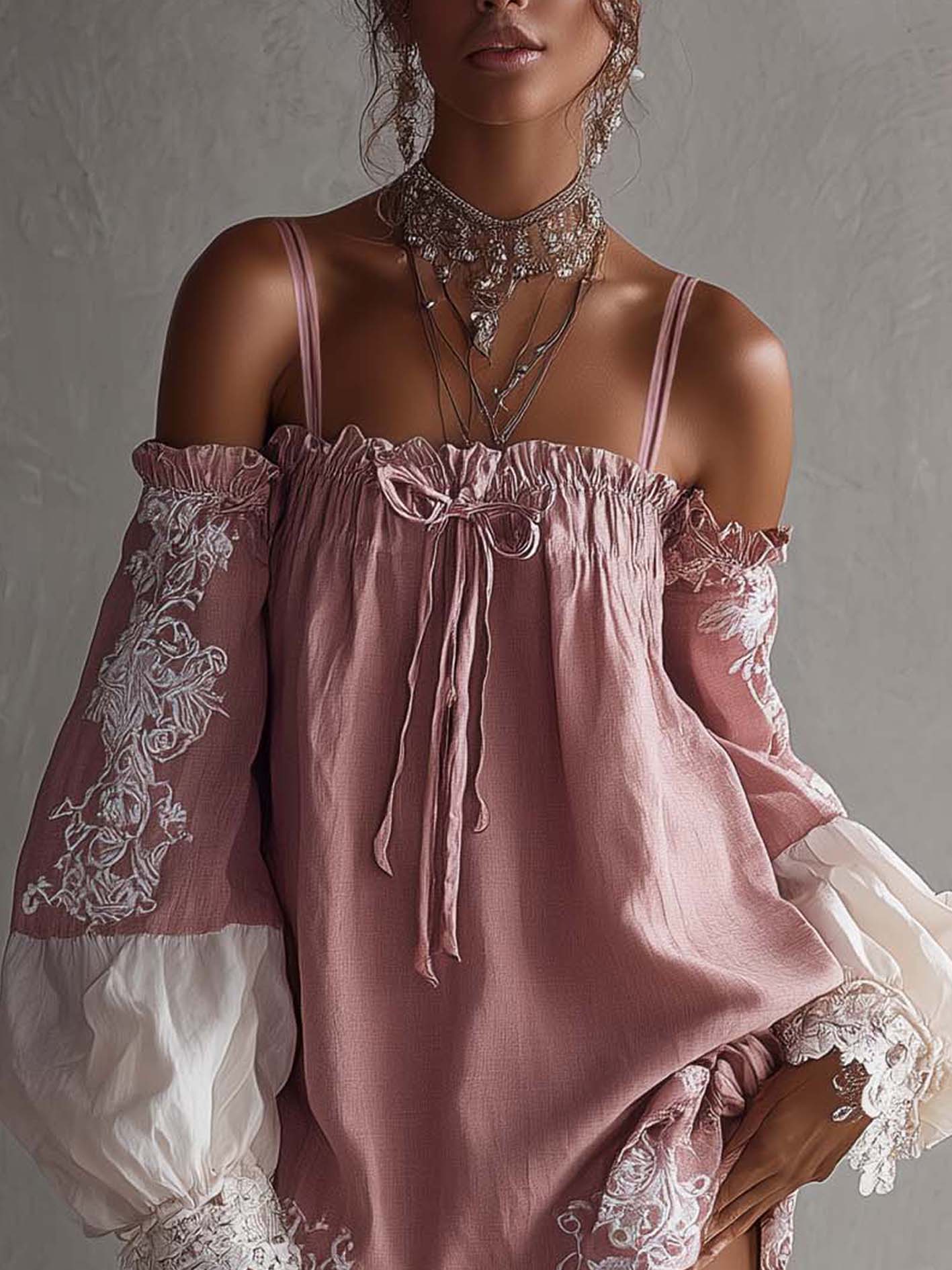 Pink And White Patchwork Embroidered Cotton Linen Off Shoulder Mini Dress