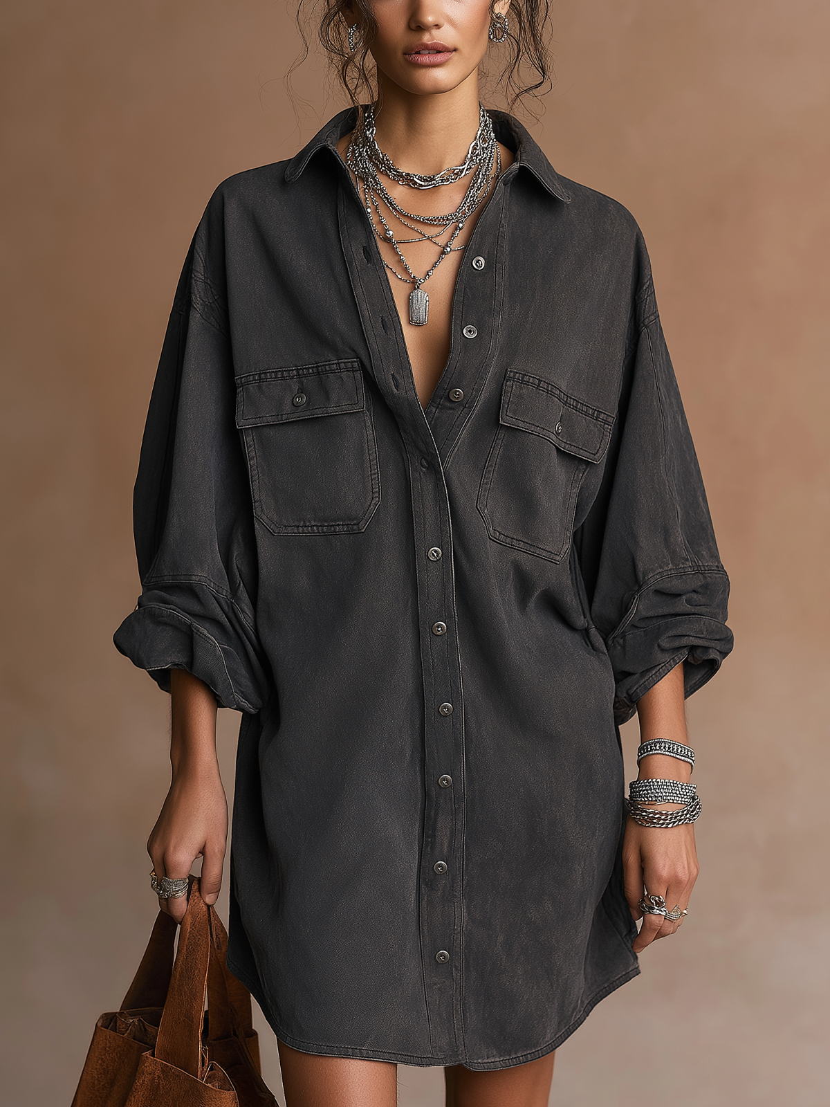 Washed Black Oversized Pocket Shirt Mini Dress