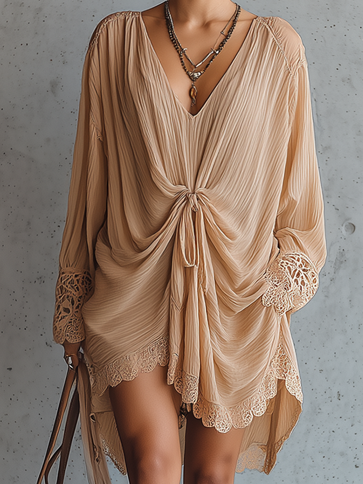 Light Brown Pleated Chiffon Lace-Trimmed Tie-Front Mini Dress