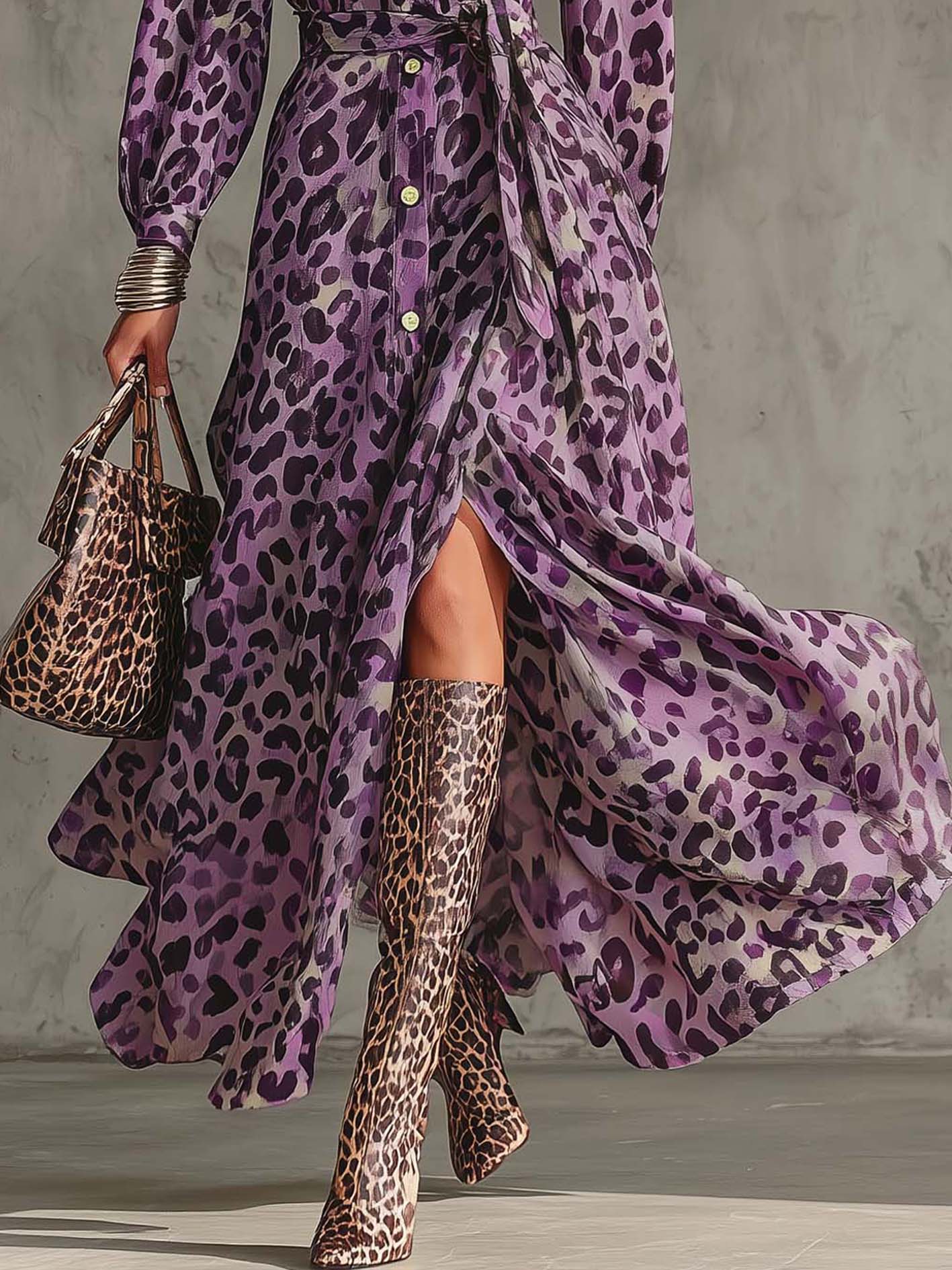 Purple Gradient Leopard Print Maxi Dress With Belt