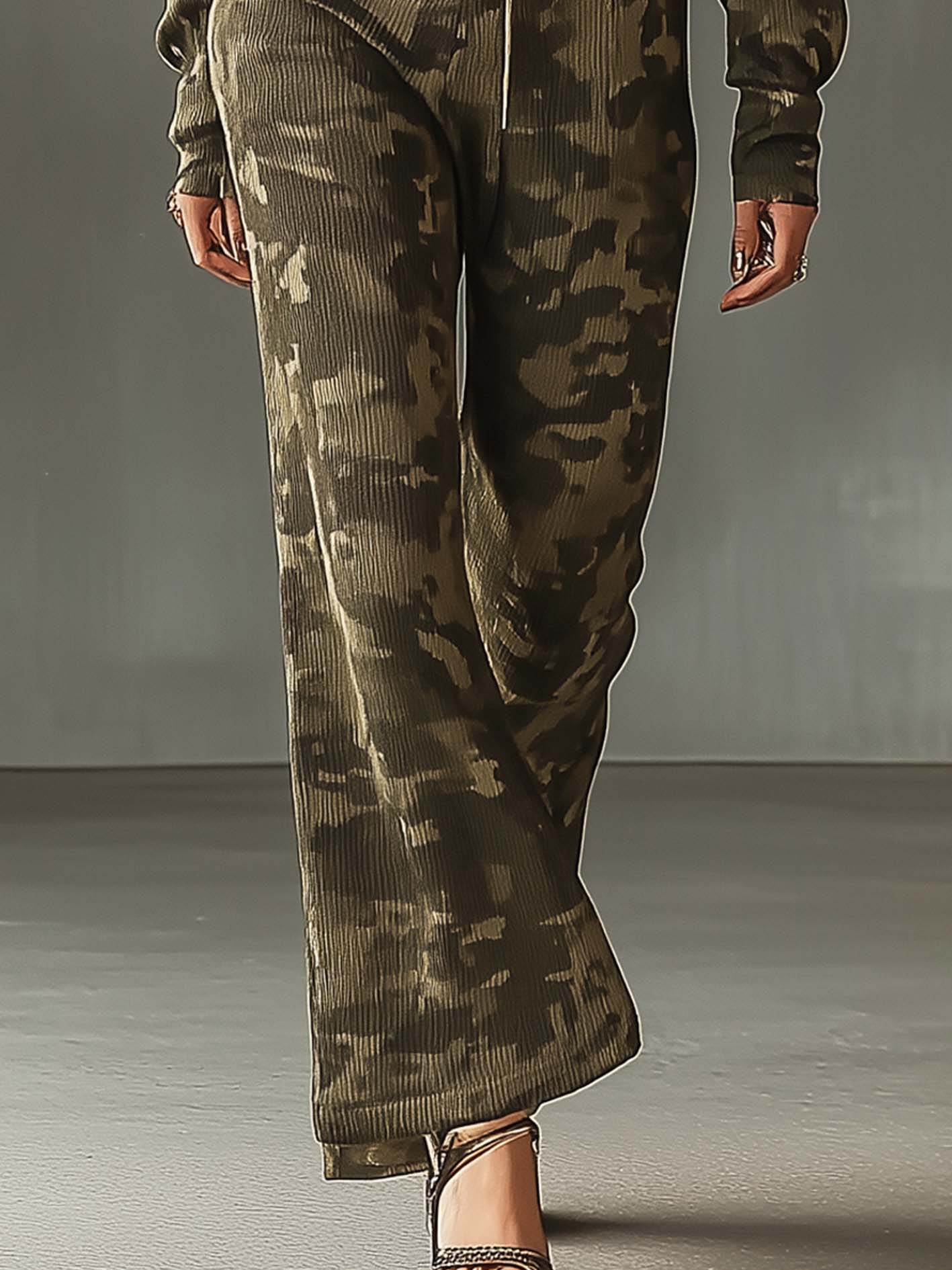 Olive Green Hooded Sweatshirt Jumpsuit With Camouflage
