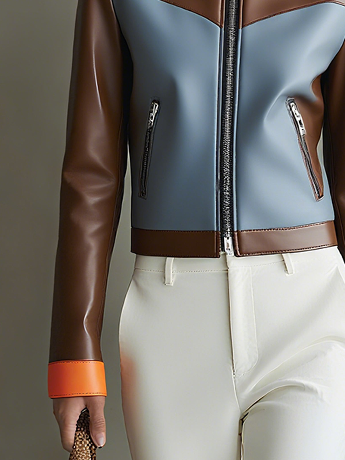 Faux Leather Zip Up Jacket With Orange Cuffs