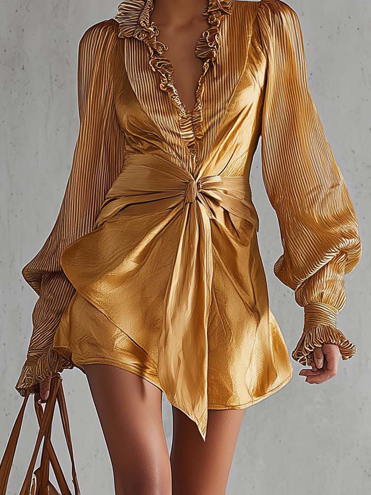 Gold Ruffled Pleated Organza Patchwork Mini Dress