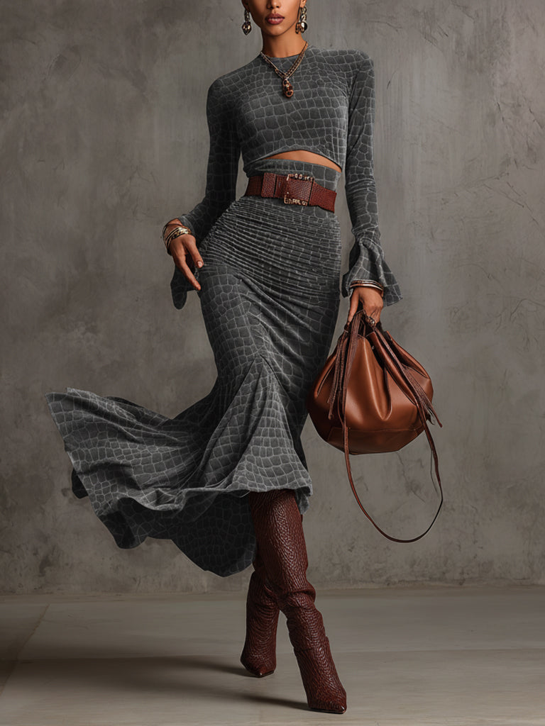 Gray Animal Print Faux Suede Belted Long Sleeve Maxi Dress