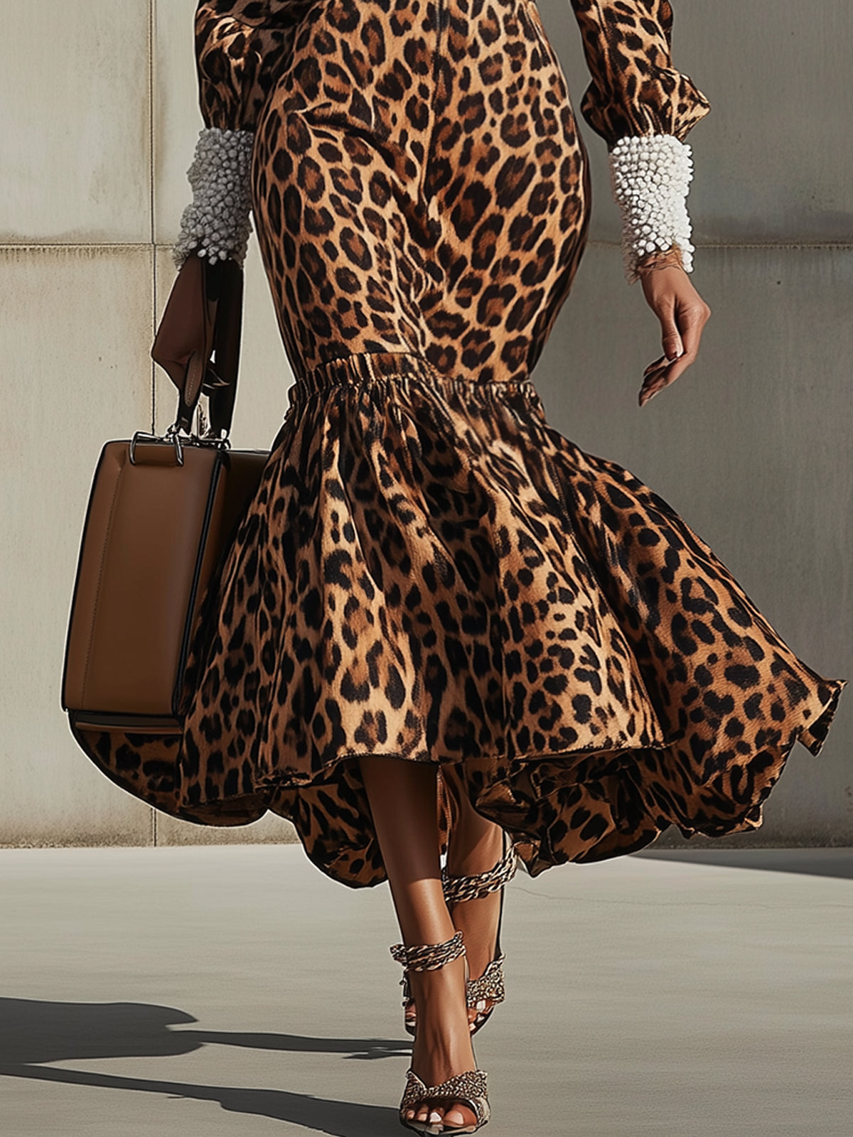 Brown Leopard Suede Bodycon Dress With Grained Fleece Cuffs And Neckline