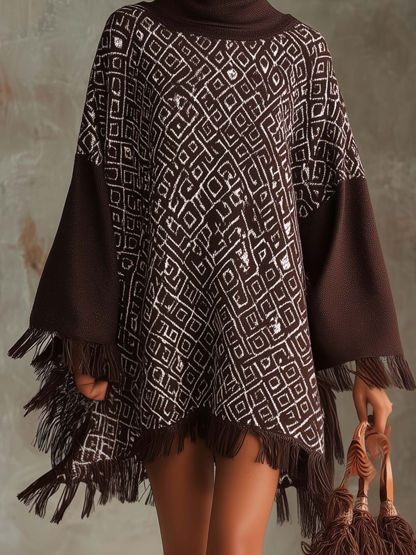 Chocolate Knitted Mini Dress With Retro Geometric Pattern