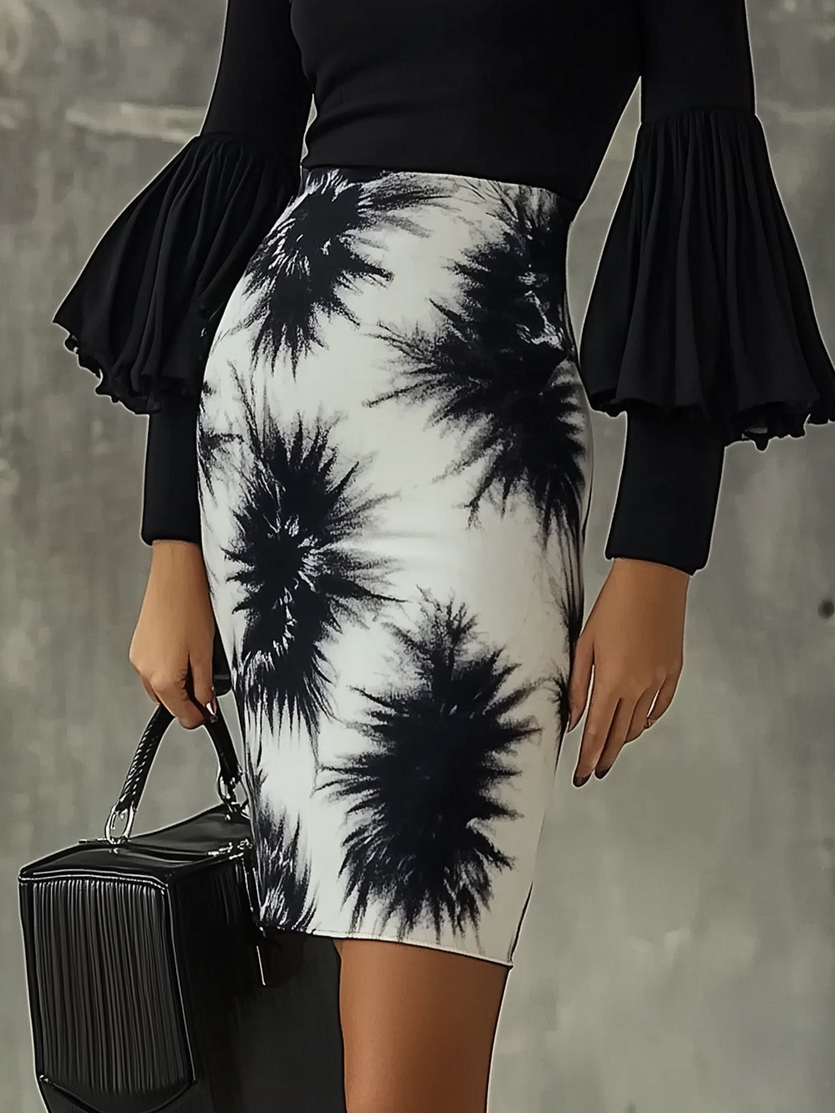 Black Pleated Sleeve With Abstract Print Bodycon Dress