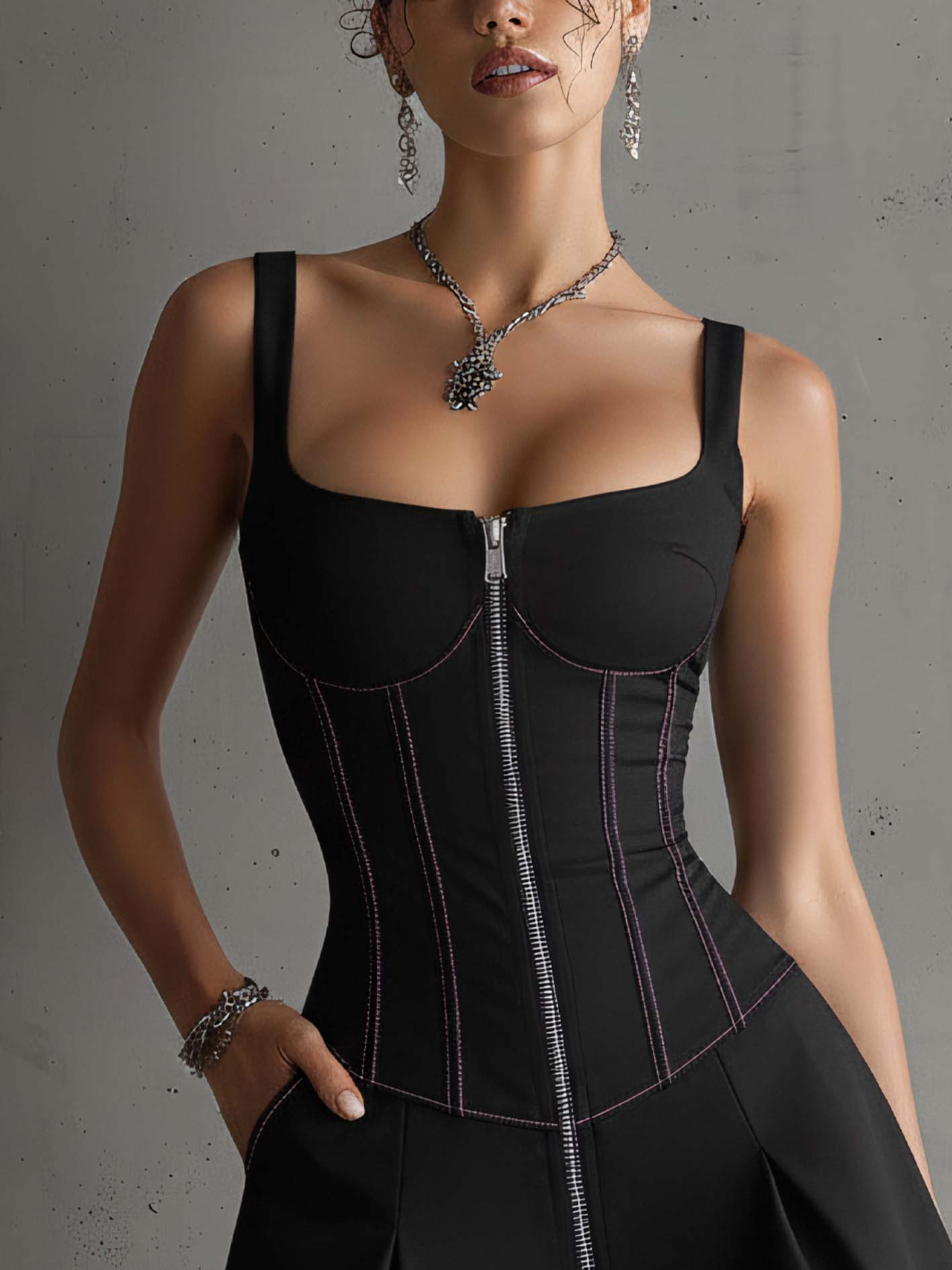 Black Sleeveless Lace Trim Zipper Bodycon Mini Dress