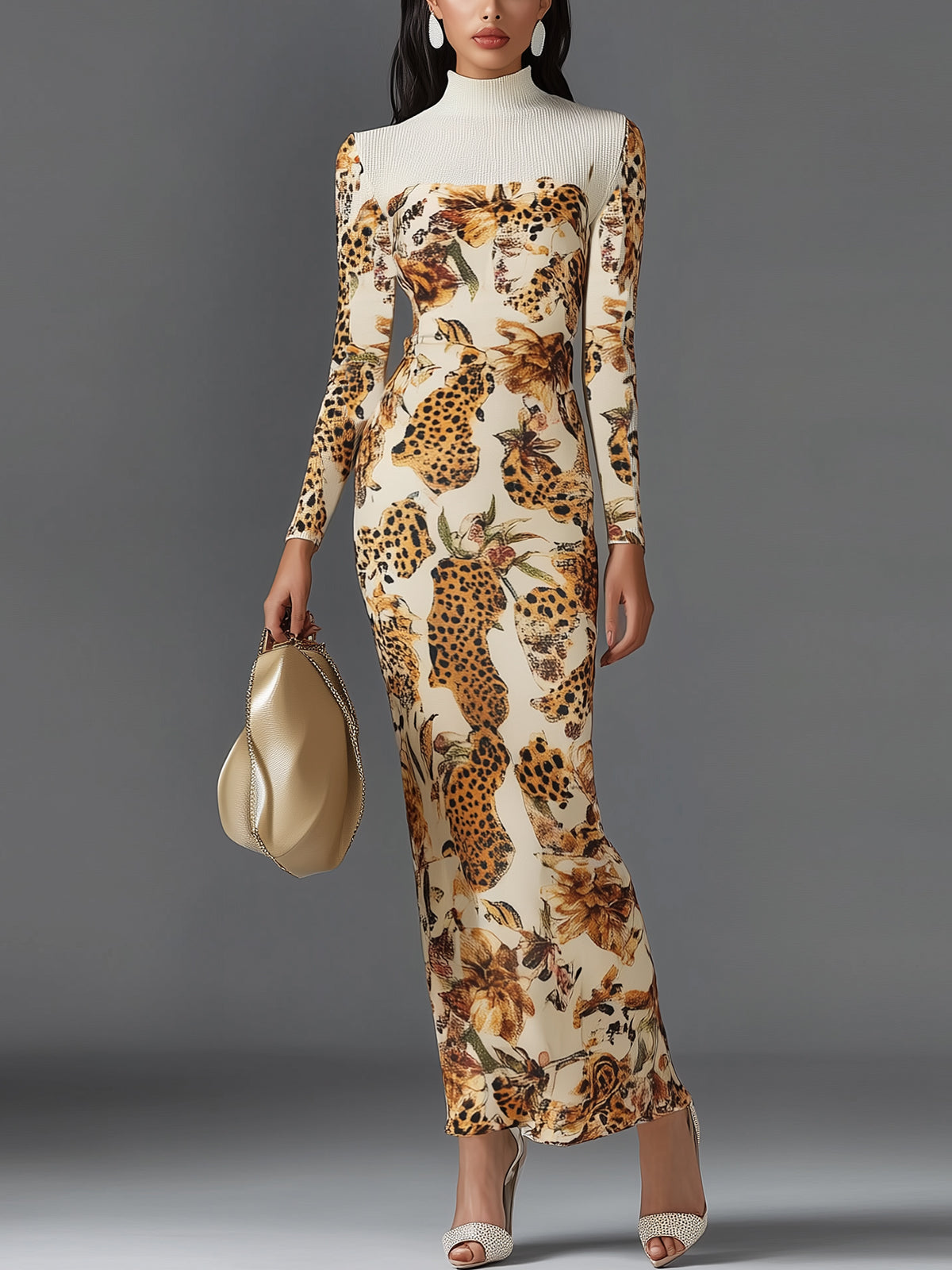 Floral And Leopard Print Maxi Dress With Ribbed Turtleneck