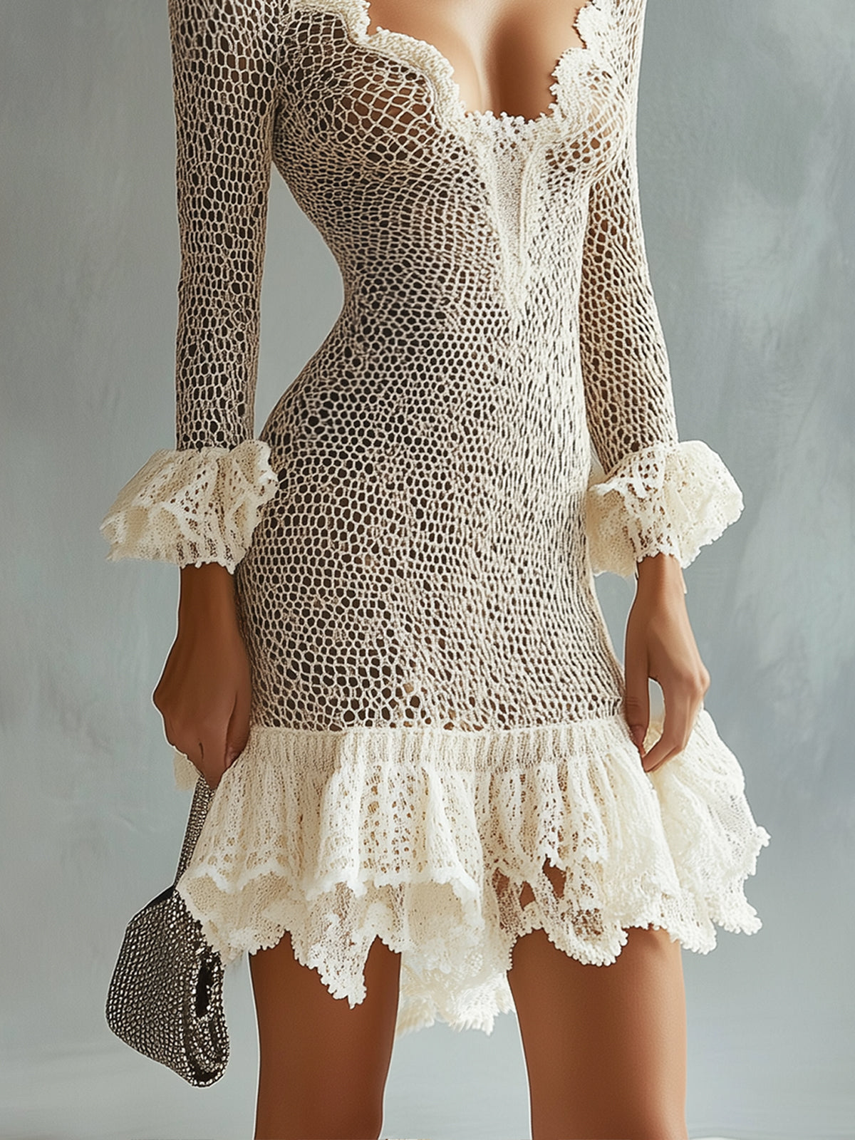 Cream Crochet Lace Ruffle Hem V-Neck Mini Dress