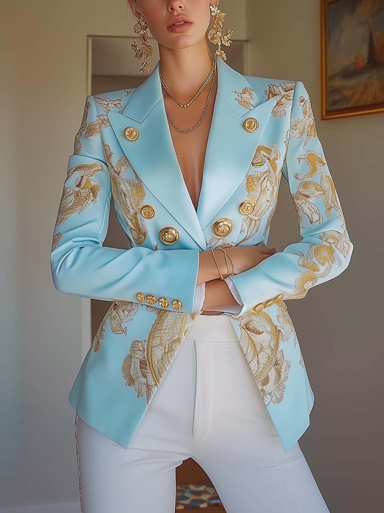 Sky Blue Satin Blazer With Elegant Gold Print