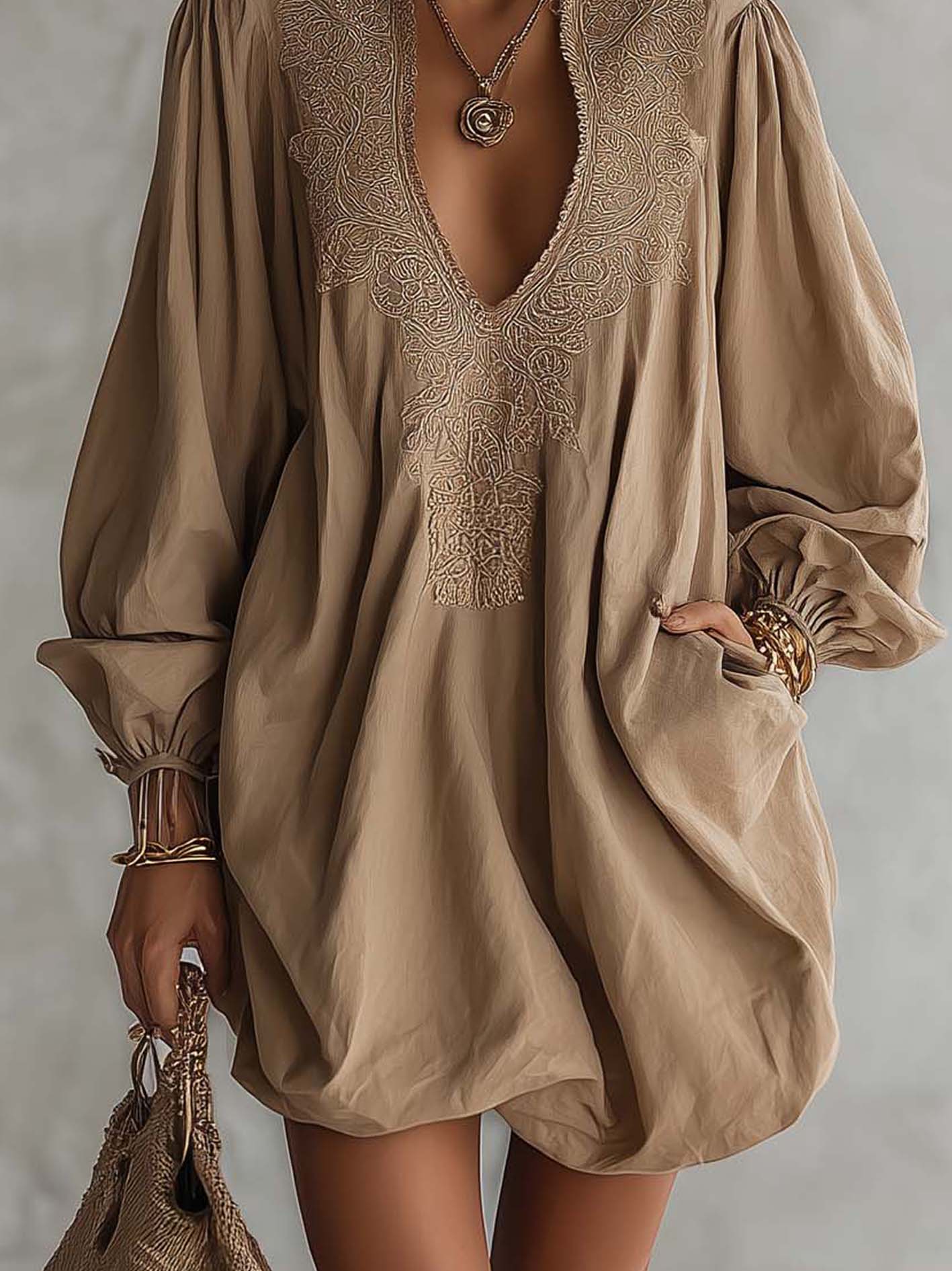 Khaki Vintage Embroidered Cotton Linen Bubble Hem Mini Dress