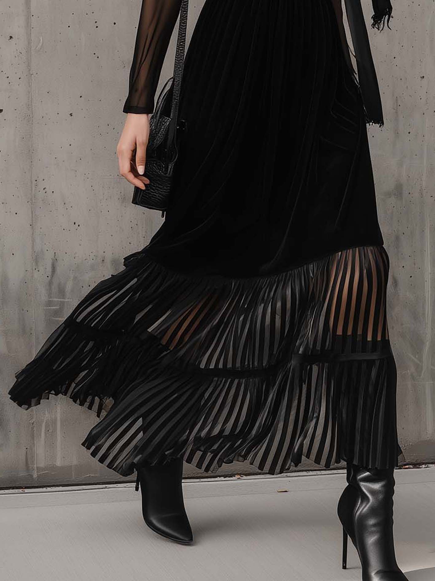 Black Velvet Midi Dress With Striped Organza Hem