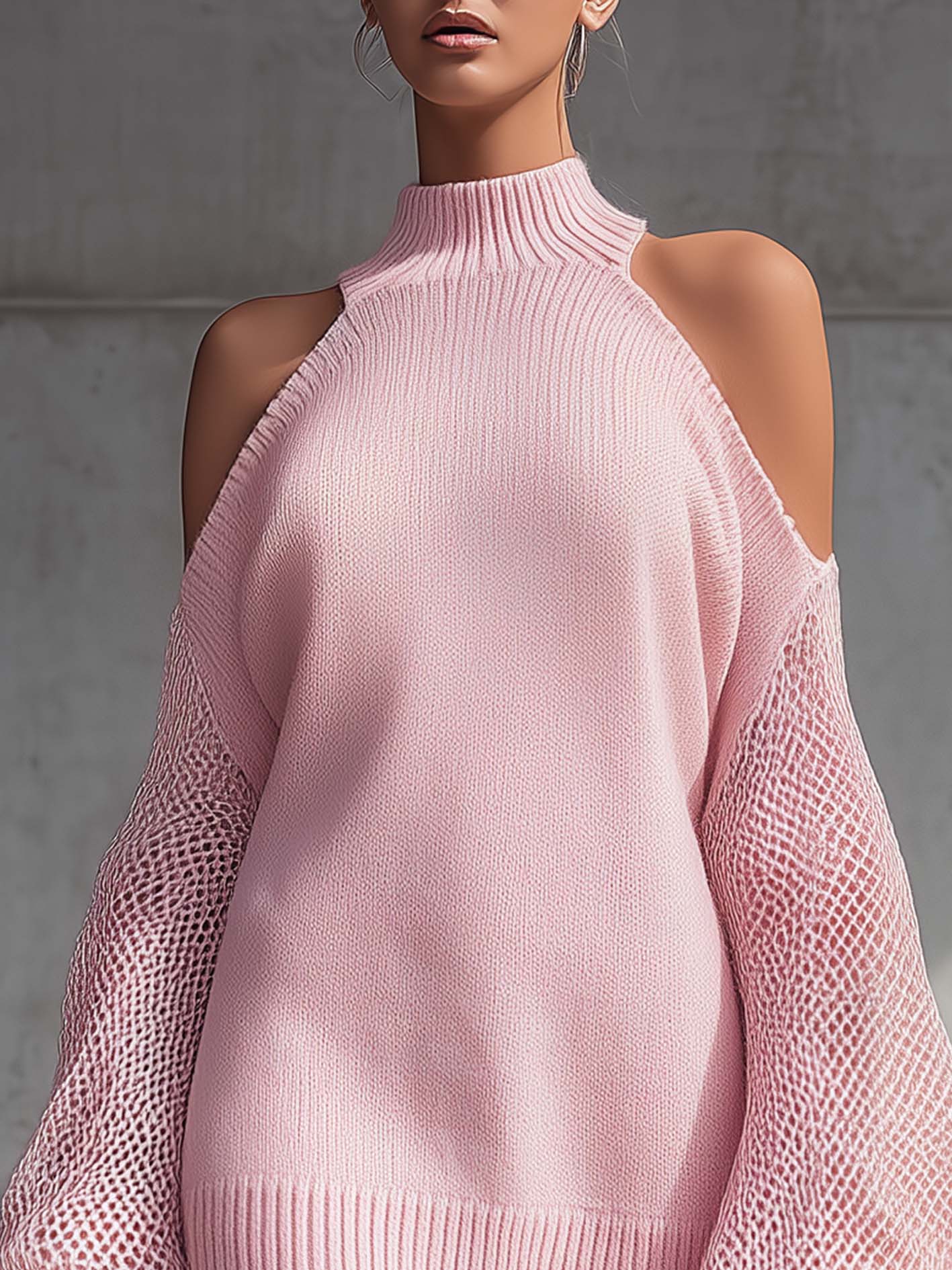 Pink Cold Shoulder Knit Mini Dress With Mesh Puff Sleeves