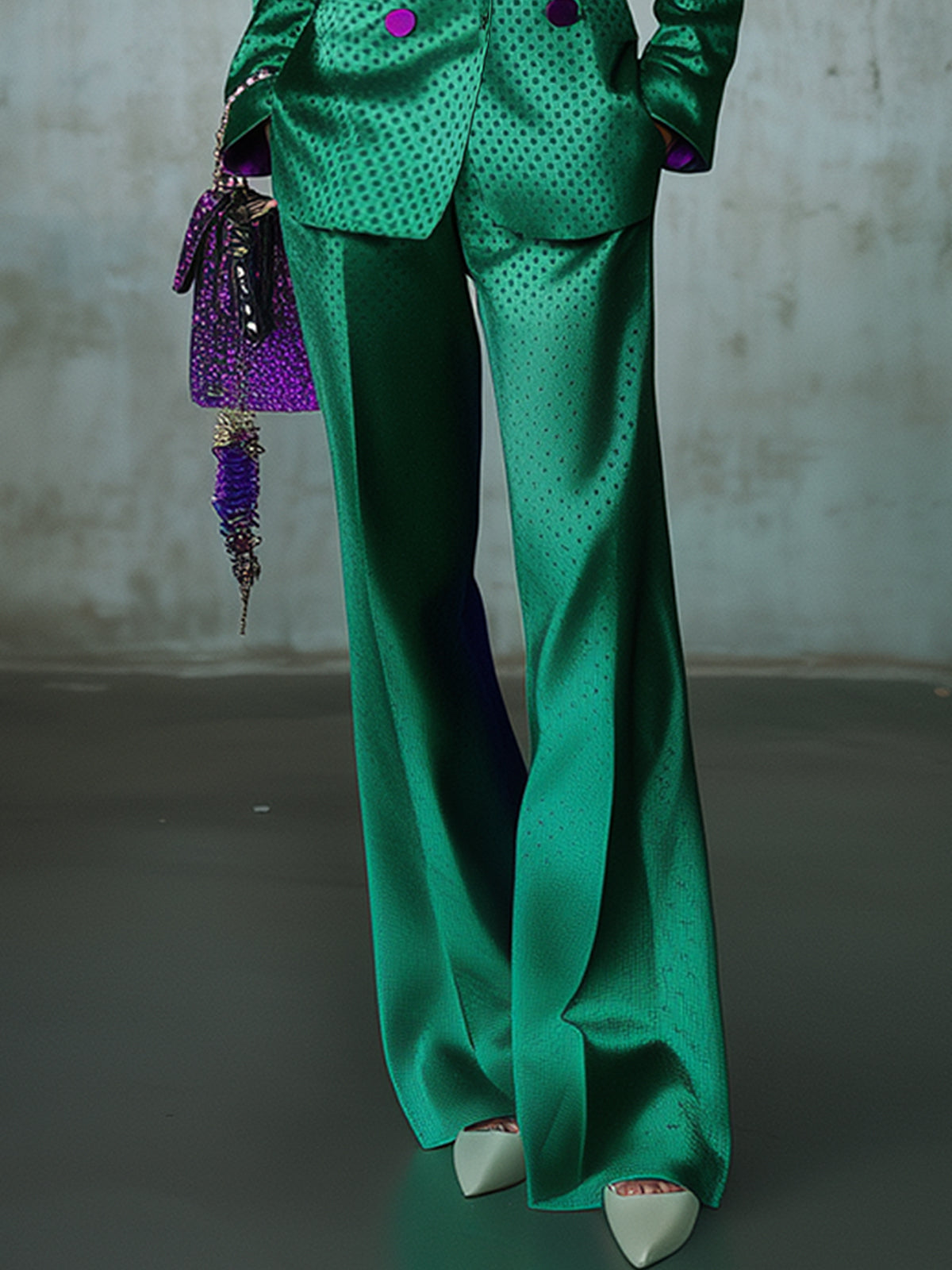 Emerald Green Polka Dot Blazer And Wide Leg Pants Suit