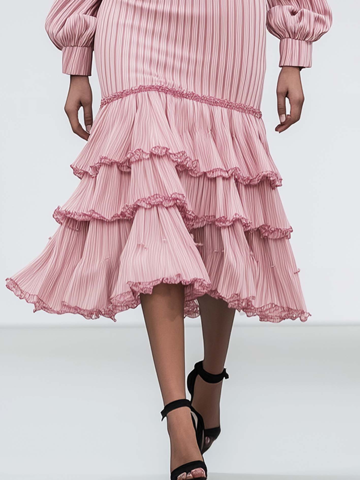 Pink Striped Midi Dress With Ruffles