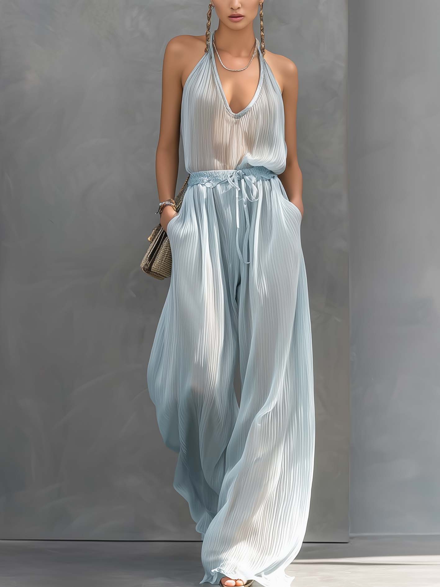 Shiny Sky Blue Organza Pleated Sleeveless Top And Wide Leg Pants Set