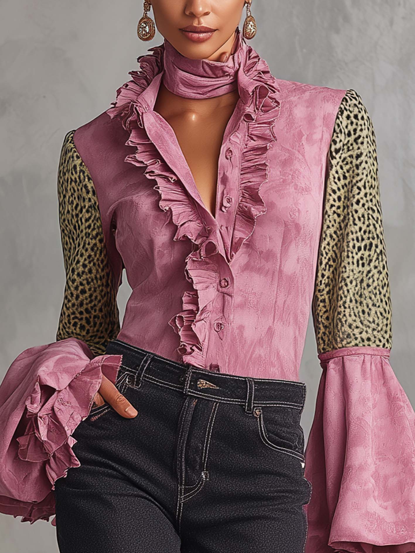 Pink Faux Suede Ruffled Blouse With Green Leopard Sleeves