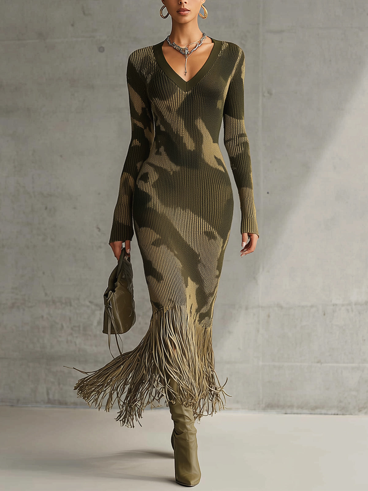 Yohers Olive Camo Knit V-Neck Fringe Hem Bodycon Dress Yohers Olive Camo Knit V-Neck Fringe Hem Bodycon Dress