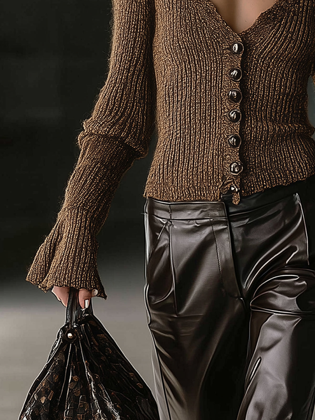 Chocolate Ribbed Knit Ruffle Trim Cardigan