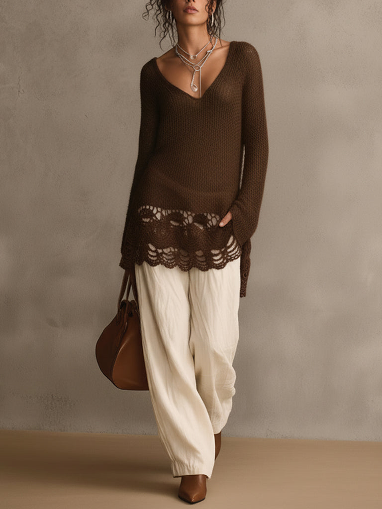 Coffee Mohair Deep V-Neck Long Sweater
