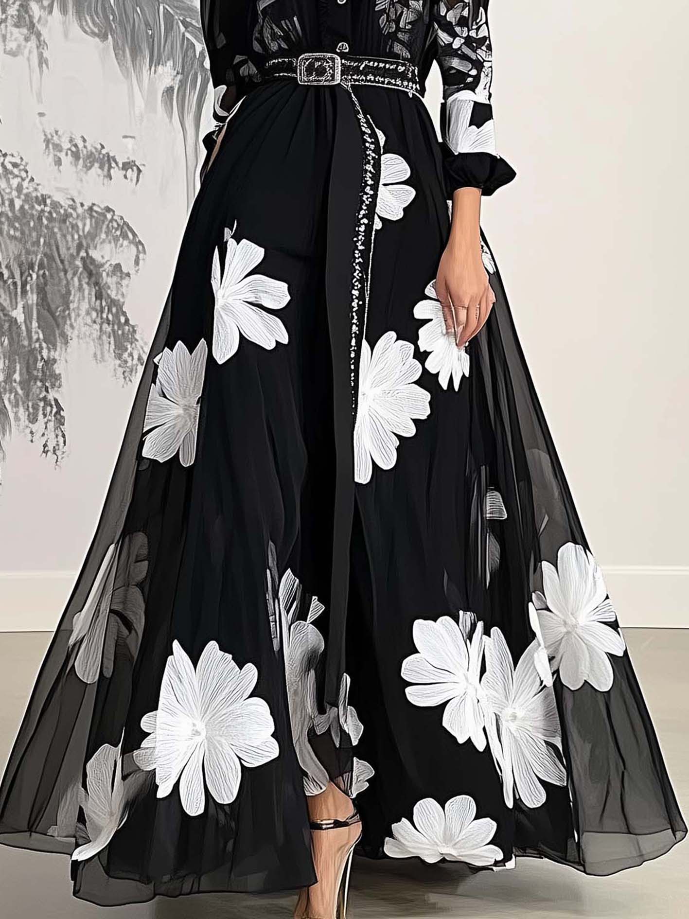 Black Tencel Chiffon Maxi Dress With Belt And White Flowers