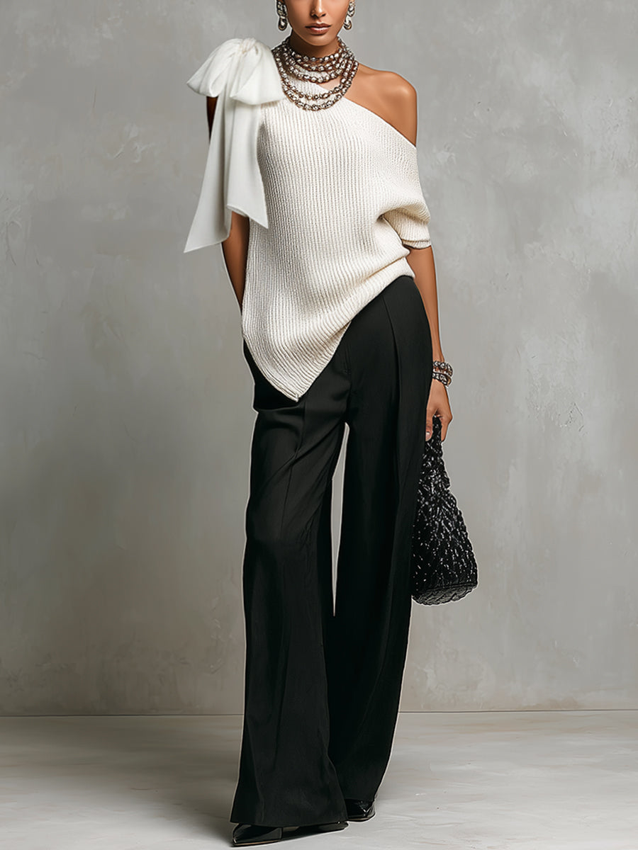 White One Shoulder Knit Top With Detachable Bow And Black Trousers Set