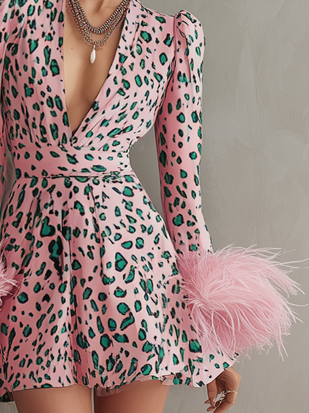 Pink Leopard Print Deep V-Neck Mini Dress With Feather Cuffs