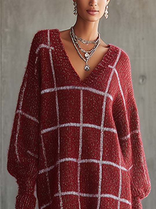 Burgundy Checked V-Neck Oversized Knit Sweater Dress