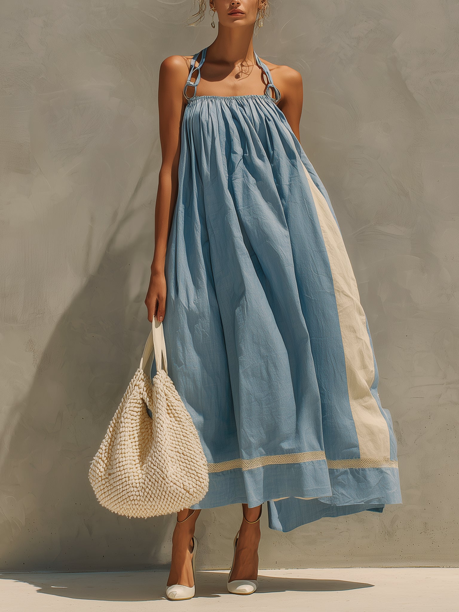 Blue Loose Woven Linen And Cotton Maxi Dress