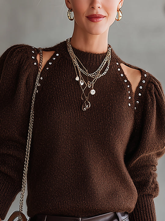 Brown Puff Sleeve Sweater With Cut-Out Shoulder Detail