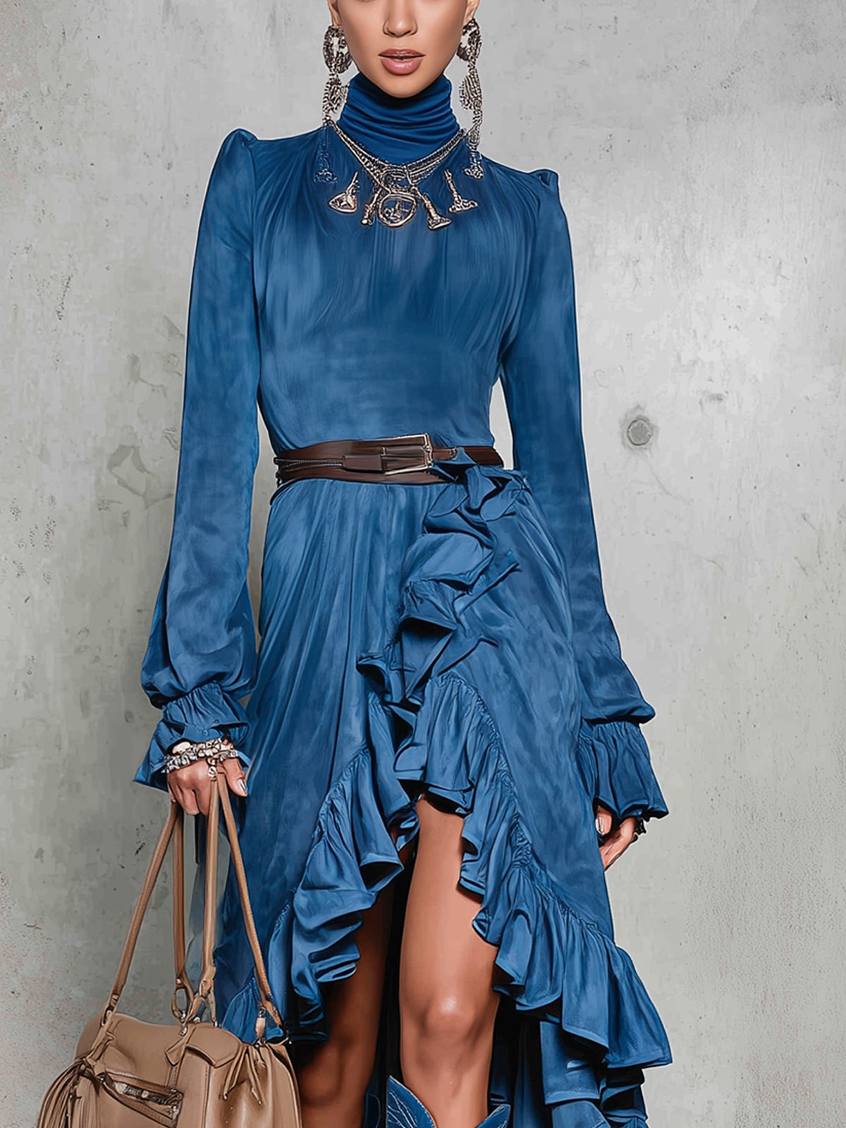 Blue High-Low Ruffled Faux Suede Dress With Belted Waist
