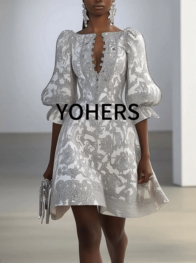 White Mini Dress With Gray Baroque Pattern Print