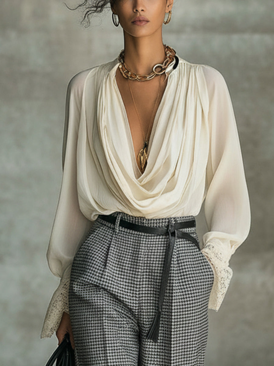 Ivory Deep V-Neck Chiffon Loose Blouse With Lace Cuffs