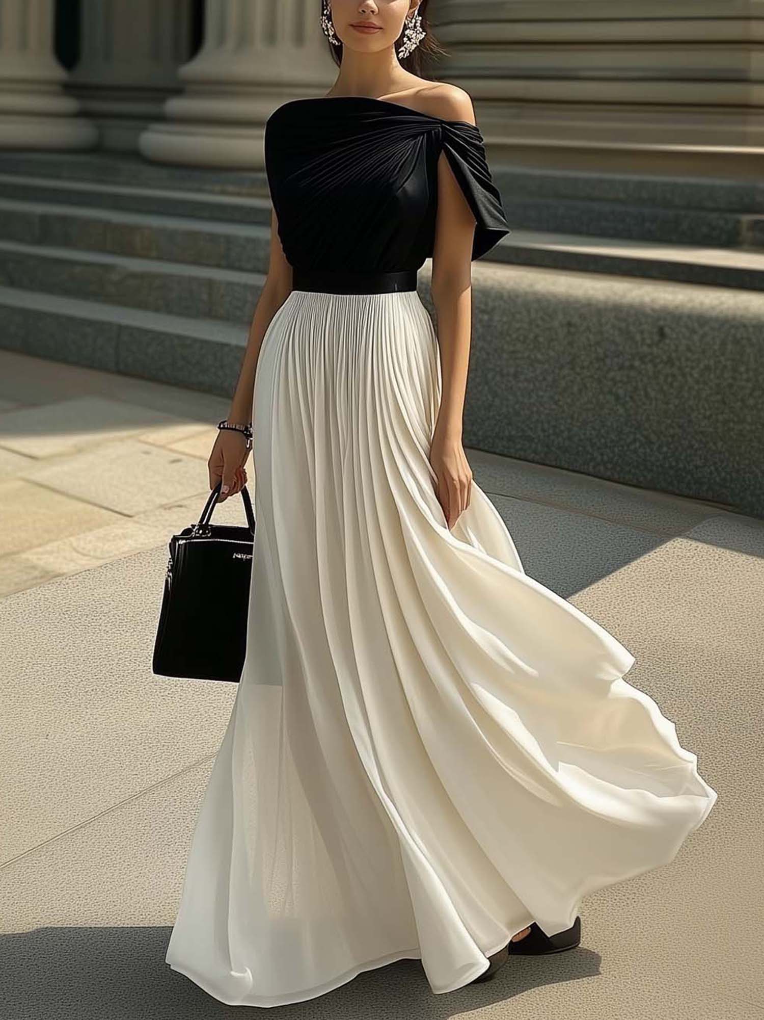 One Shoulder Stitching White Black Satin Maxi Dress